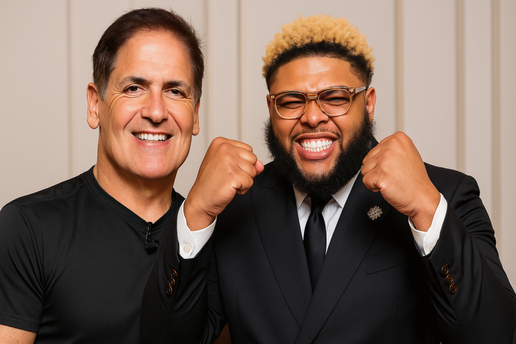 Two smiling men, one in suit, showing fists.